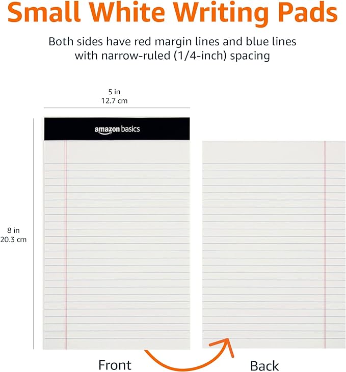 Amazon Basics Narrow Ruled Lined Writing Note Pads for Notes, Office Supplies, 5" x 8", White, 12-Pack of 50 Pages, Perforated