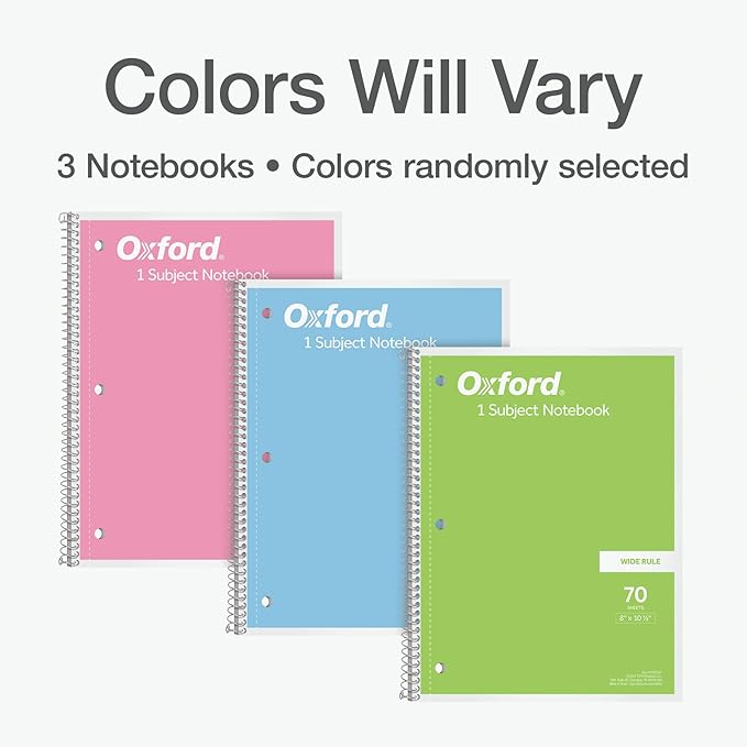 Oxford Spiral Notebooks, 3 Pack, 1 Subject, Wide Ruled Notebooks for School, 8 x 10.5 Inches, 70 Sheets, Assorted Pastel Colors, Back to School Supplies (1002541)
