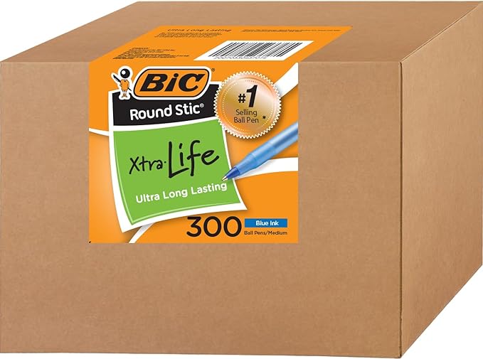 BIC Round Stic Xtra Life Ballpoint Pen, Medium Point 1.0 mm, Pack of 300 Blue Ink Pens