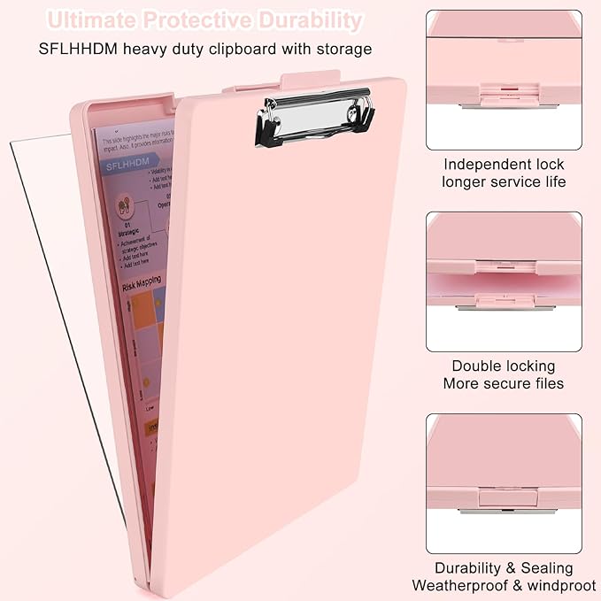 SFLHHDM Clipboard with Storage,Heavy Duty Clip Boards 8.5x11 with 2 Storage Case,Clear Visible Panel Storage Clipboards,Side Opening Nursing Clipboard Folder for Office Supplies-Soft Pink