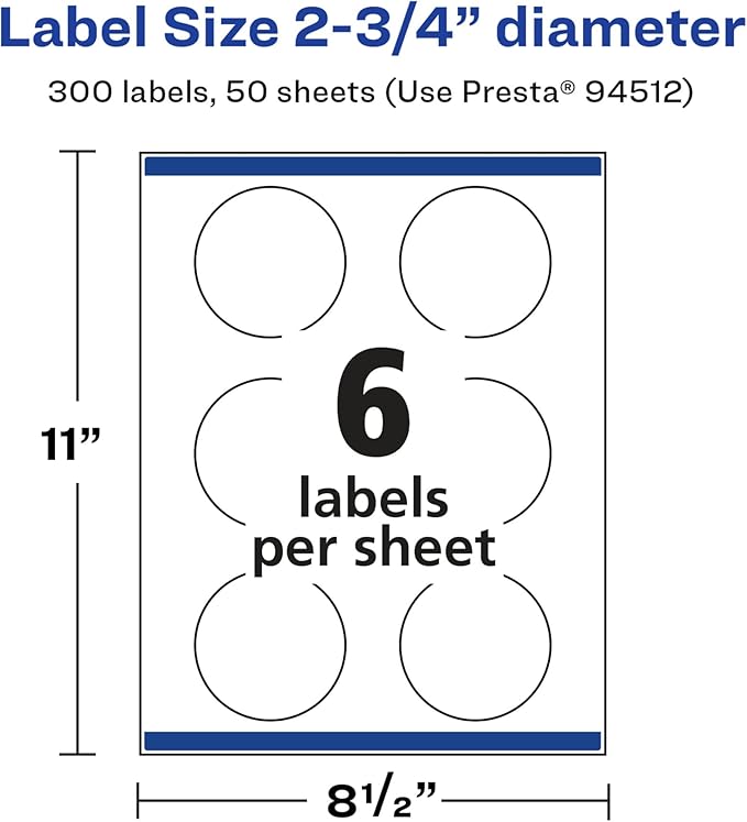 Avery Glossy White Round Labels, Sure Feed Technology, 2.75" Diameter, 300 Glossy White Labels, Print-to-The-Edge, Permanent Adhesive, Laser/Inkjet Printable