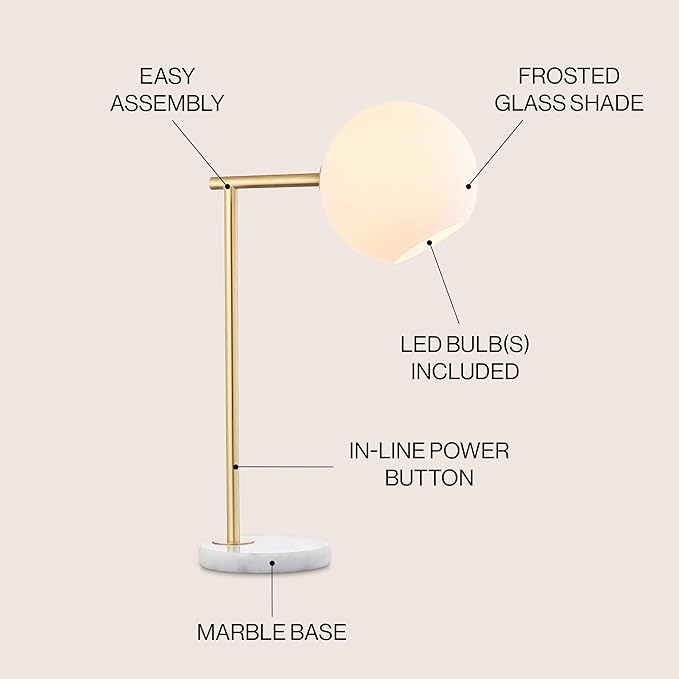 JONATHAN Y 20.5" Gold/White Modern Metal Marble LED Bedside Table Lamp for Bedroom, Frosted Glass Globe Shade, Minimalist Scandinavian Lamp for Living Room JYL1000A