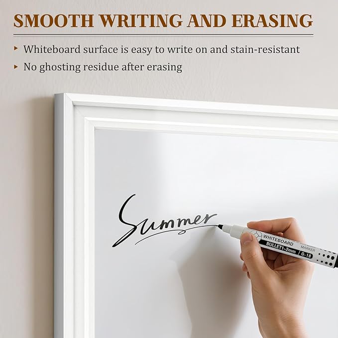White Board for Wall, 36'' x 24'' Magnetic Dry Erase Board, Decorative Whiteboard with Plain White Wooden Frame, Hanging Writing Board for Home Office School Dorm
