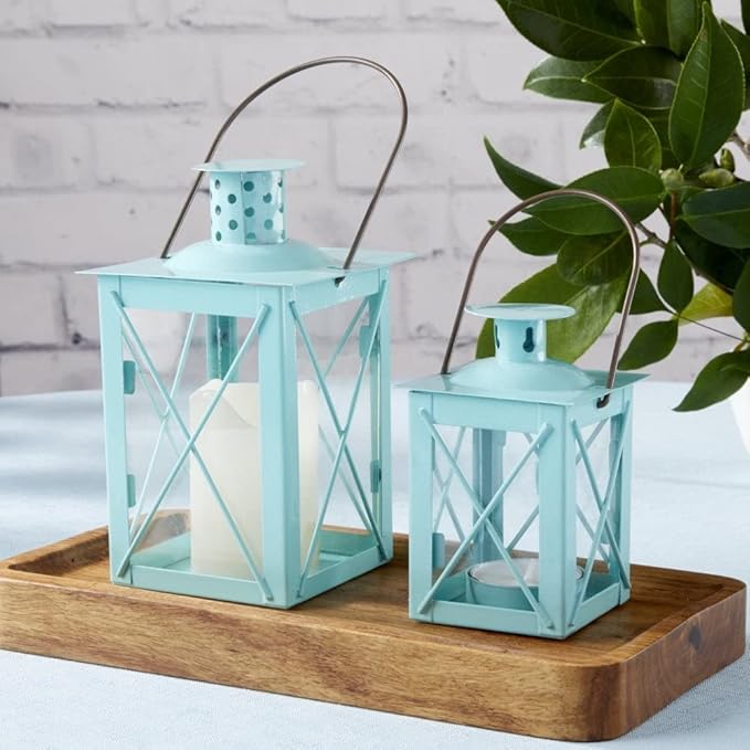 Kate Aspen Medium Decorative Lanterns - Set of 24 - Luminous Blue Metal Lantern Tealight Candle Holders Centerpieces for Wedding, Home Decor and Party - 6.3" H (8.9" H with Handle)