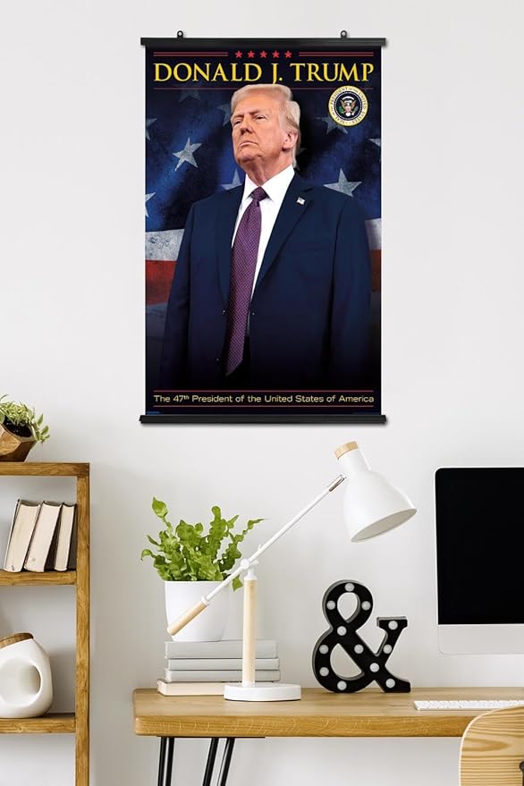 President Donald Trump - 47th President Wall Poster, 34L" x 22.4W", Premium Poster & Clip Bundle