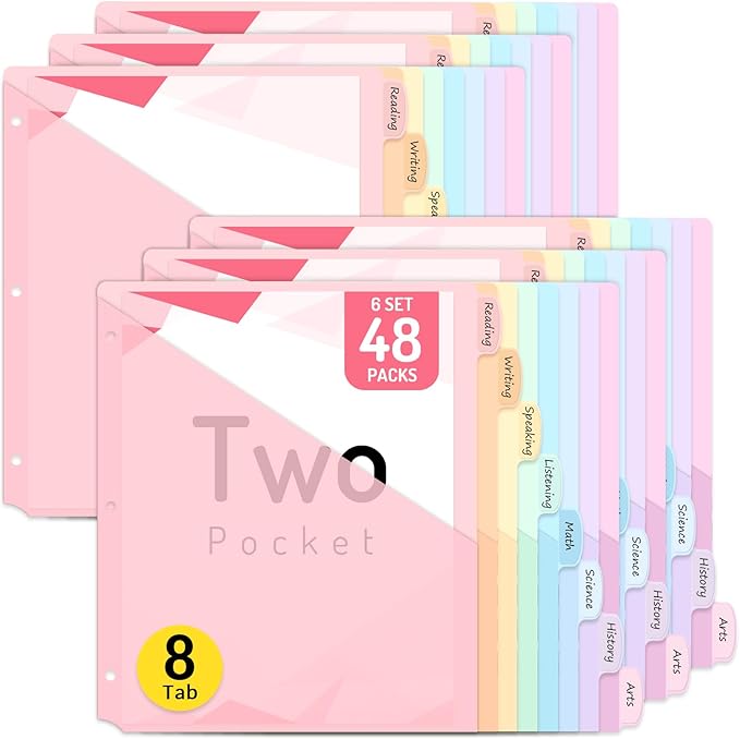 Forvencer 48 Count Binder Dividers with Two Pockets, 8 tab Dividers for 3 Ring Binders Organizer, Binder Divider with Tabs for School Office and Home Organization, Multicolor, 6 Sets