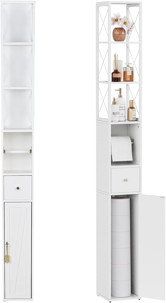 VECELO Narrow Bathroom Storage Cabinet with X-Frame Metal Design, 67" Tall Freestanding Cabinet with Toilet Paper Holder, Slim Tower Cabinet with Magnetic Door & Drawer, for Small Spaces, White