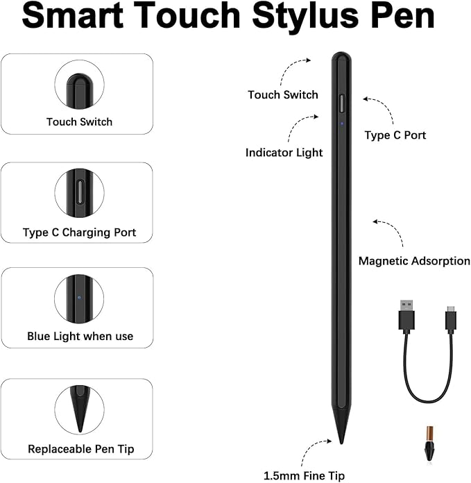 Stylus Pen for iPad 2025-2018 Active Pen 11th & 10th Gen Fast Chagring Stylus Pencil with Palm Rejection for Apple iPad 11th/A16/10/9/8/7/6th,Pro 12.9/11/13 inch M4,Air M2/M3/5/4/3,Mini A16/5th/6th