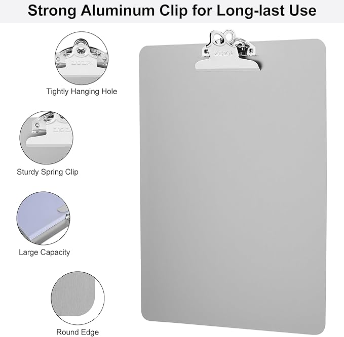 ZCZN Metal Clipboard, 12 x 9 Inches Heavy Duty Aluminum Clipboards, A4 Letter Sizer Document Holder with High Capacity Clip, Suitable for School, Office, Jobsite or Medical Staff (Silver)