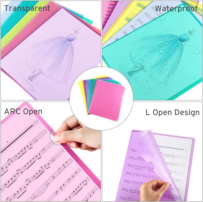 Sooez 25 Pack Clear Document Folder Project Pockets, Clear Plastic Folders Letter Size Plastic Document Folders Paper Poly Jacket Sleeves Folders Copy, 5 Assorted Colors