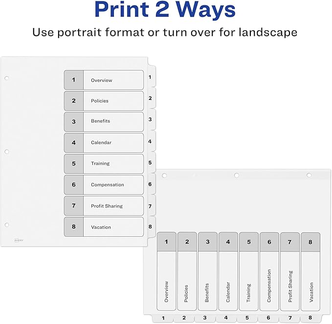 Avery Dividers for 3 Ring Binders, 8 Tabs per Set, Customizable Table of Contents, Classic White Tabs, Great for Organizing Reports, Projects, and More (3 Sets of 11076)
