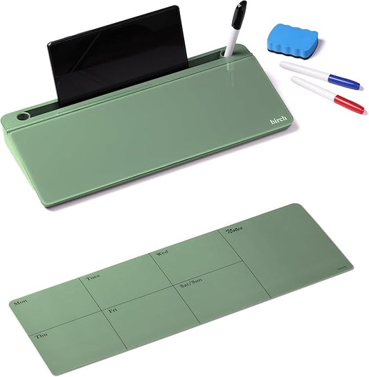 Birch Small Desktop Glass Whiteboard & Magnetic Calendar – Dry Erase Desk Pad Keyboard Stand with Storage, Adjustable Dividers, 3 Markers & Holder – Office, Home & School (Moss)