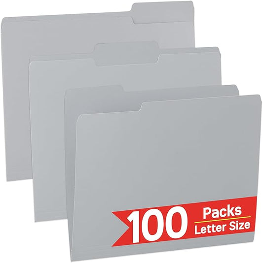 100 Packs File Folder,Grey File Folders Letter Size,1/3-Cut Tabs,8.5x11 Inch File Folders for Office,School and Home,Organizer Documents