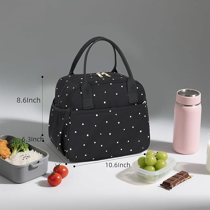 CAMTOP Lunch Box for Women Insulated Lunch Bag Lunchbox Cooler Thermal Leakproof Quilted Reusable Lunch Tote Bag for Work School Travel Picnic (Black White Dots)