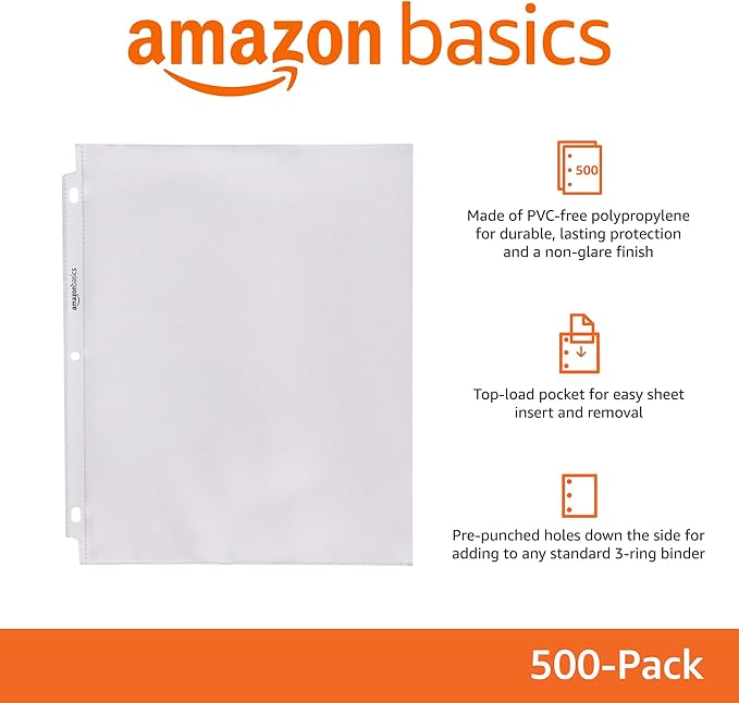 Amazon Basics Sheet Protectors for 3 Ring Binder, Non-Glare, Top Loading, Letter Size 8.5 x 11 in, Document Organizer, Pre-Punched Holes, Clear, 500-Pack