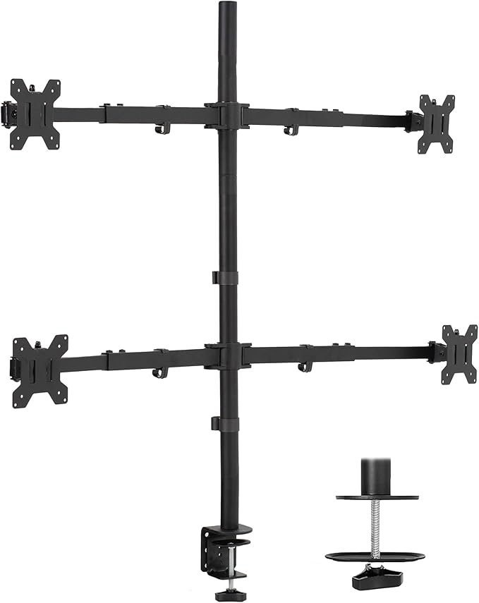 VIVO Premium Quad Ultra Wide LCD LED 27 to 38 inch Monitor Desk Mount, Heavy Duty C-clamp, Extra Tall Pole, Adjustable Telescoping Arms, Flush Wall Setup, Fits 4 Screens, Black, STAND-TS38C-4