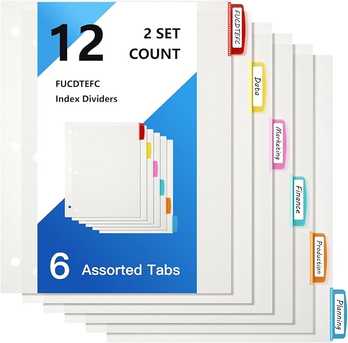 Binder Dividers with Tabs, White Sheet Protectors for 3 Ring Binder, 3 Hole Punch Dividers in 6 Color Tab Page Protectors, 3 Ring Binder Dividers with Tabs, 2 Set 12 Pcs, White