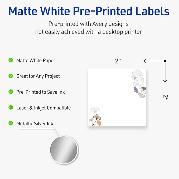 Avery Printable Square Labels with Sure Feed Technology, Pre-Printed Silver Metallic with Gingko Leaves Design, Matte White, 2" x 2", Laser & Inkjet Compatible, 120 Total