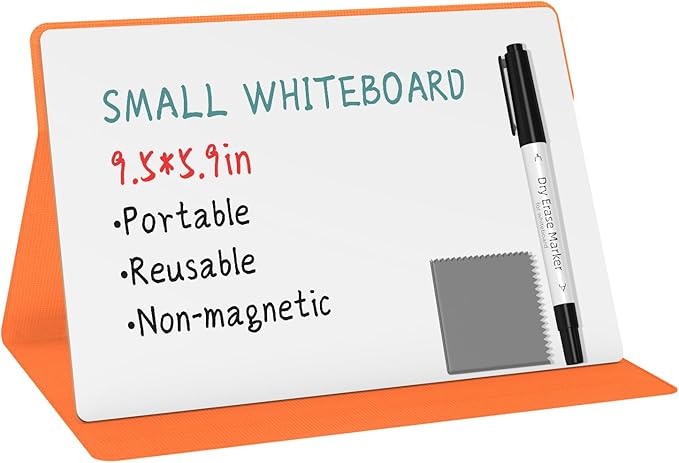 Portable Small White Board,Reusable Dry Erase Board with Stand,Desktop Whiteboard for Office Meeting Bussiness Home 9" x 6" with Marker, Wipe Cloth (Orange)