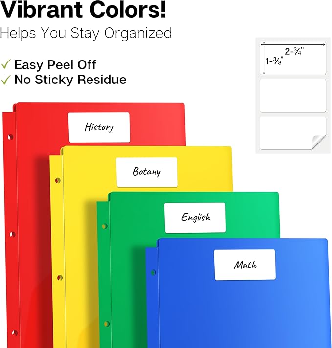 Dunwell Plastic 2-Pocket Folders for 3-Ring Binders, (12 Pack, Assorted Colors) 3 Hole Punched, Divider Folder for Notebook, Durable Poly, Fits 8.5x11 Sheets, Includes Labels