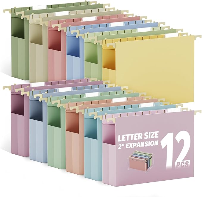 Ansook Letter Size Hanging File Folders Extra Capacity,Heavy Duty 2" Expansion File Folders Hanging with Tabs,Plastic File Cabinet Folders,12 Pack Pastel Desk File Organizer Folders for Office Home
