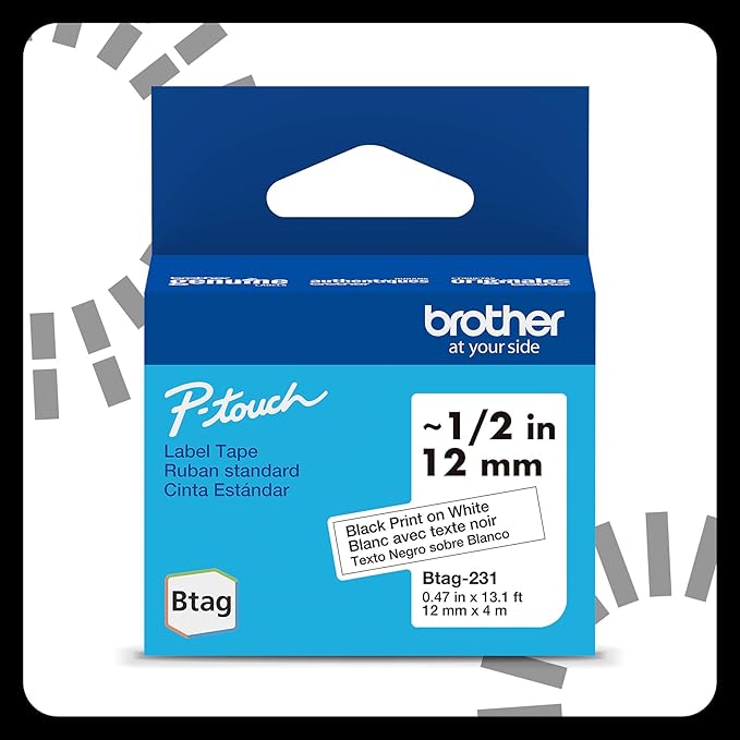 Brother Genuine P-Touch Btag BTAG231 Black on White Label Tape ~1/2in by 13.1ft (12mm x 4m). (Works Only with Brother PT-N10, PT-N20, PT-N25BT Label Makers)