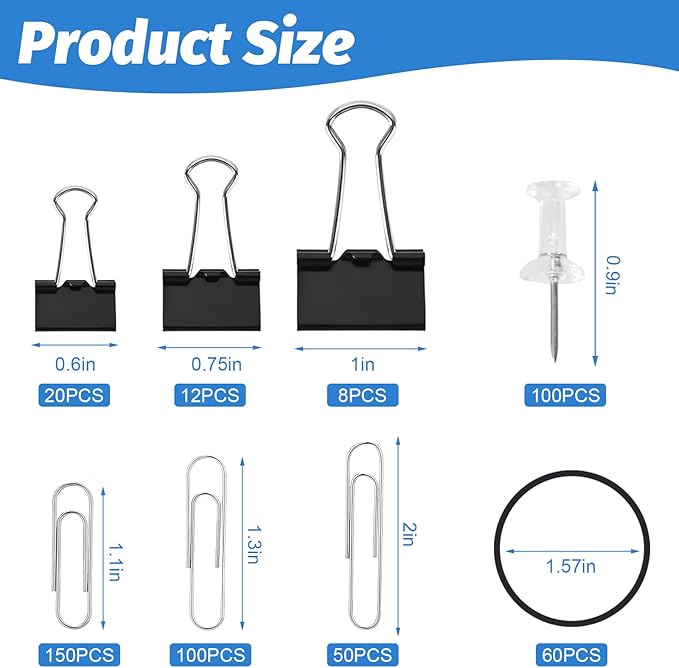 Paper Binder and Clips Assorted Sizes Set,500 PCS Black Metal Office Clips Push Pin Rubber Bands Set for Home, School,Office Supplies