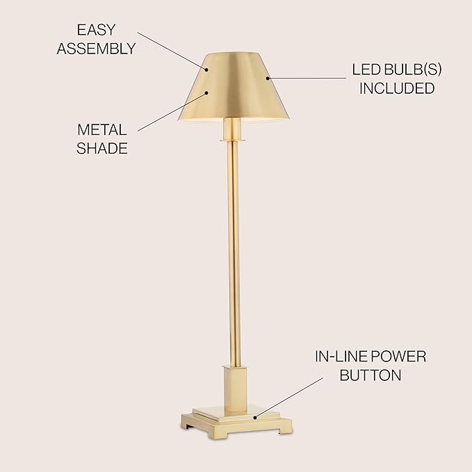 JONATHAN Y 26" Brushed Brass Gold Modern LED Table Lamp for Living Room Bedroom Home Office, Metal Empire Shade, Slim Desk Lamp for Nightstand Buffet, LED Bulb Included (JYL6006B)