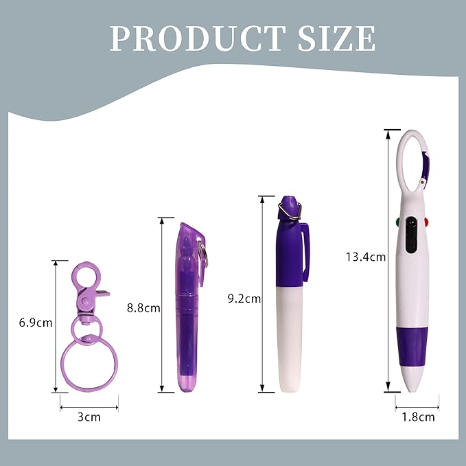 12 Pcs mini Highlighter nurse pen set, including 3 highlighters, 3 permanent markers and 3 retractable ballpoint pens, with 3 Pcs nurse keychain clip (purple + red + blue)