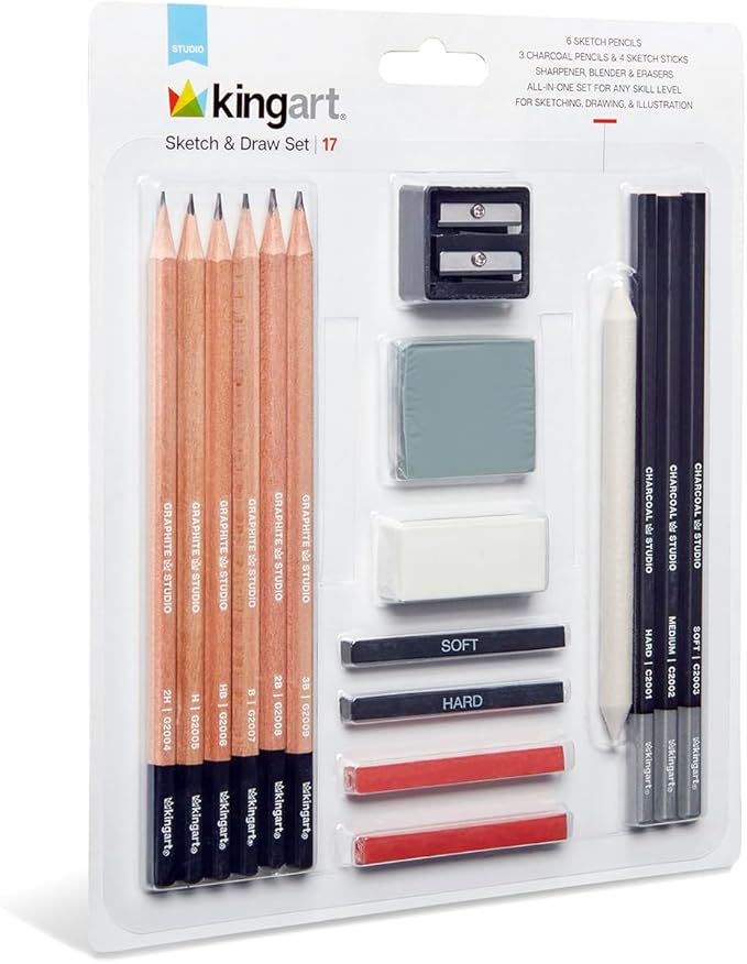 KINGART 17 Pc Professional Sketch & Draw Set, Art Supplies Kit w/Graphite, Charcoal Pencils, Eraser, Blenders for Artists, Beginners, Students