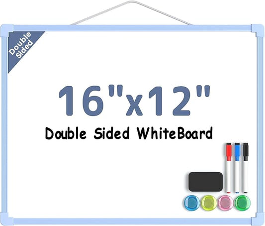 MaxGear Double-Sided Dry Erase Board for Wall, 16"x12" Hanging Whiteboard, Small Dry Erase White Board kit, Portable Whiteboard for Planning, Drawing, Memo, to Do List, Blue Frame