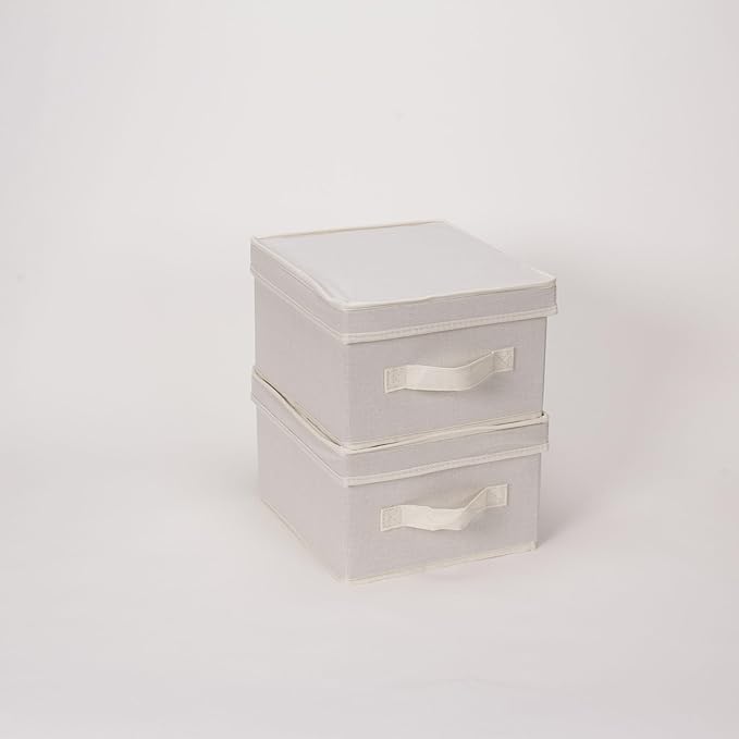 Household Essentials 111 Storage Box with Lid and Handle - Natural Beige Canvas - Medium,Natural Trim