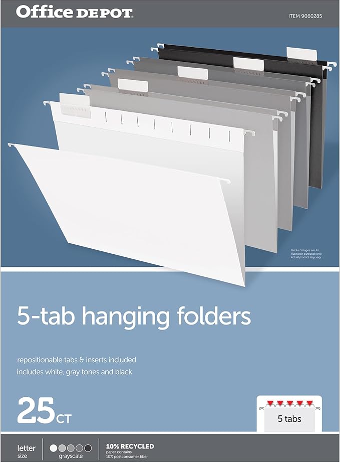 Office Depot® Brand Hanging File Folders, 1/5-Cut, Letter Size, Assorted Grayscale Colors, Pack of 25 Folders
