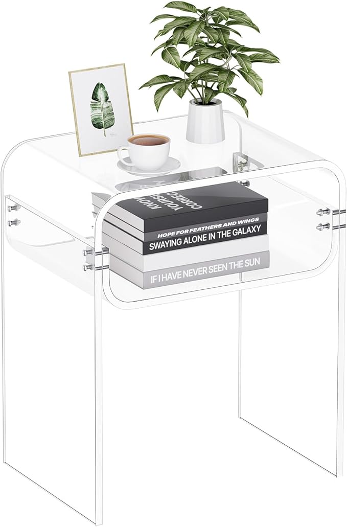 VEVOR Acrylic Side Table, 2-Tier Clear End Table with Storage Shelf, Modern Transparent Bedside Nightstand Lucite Desk for Bedroom, Living Room, Home Decor, 11.8" D x 15.7" W x 19.7" H
