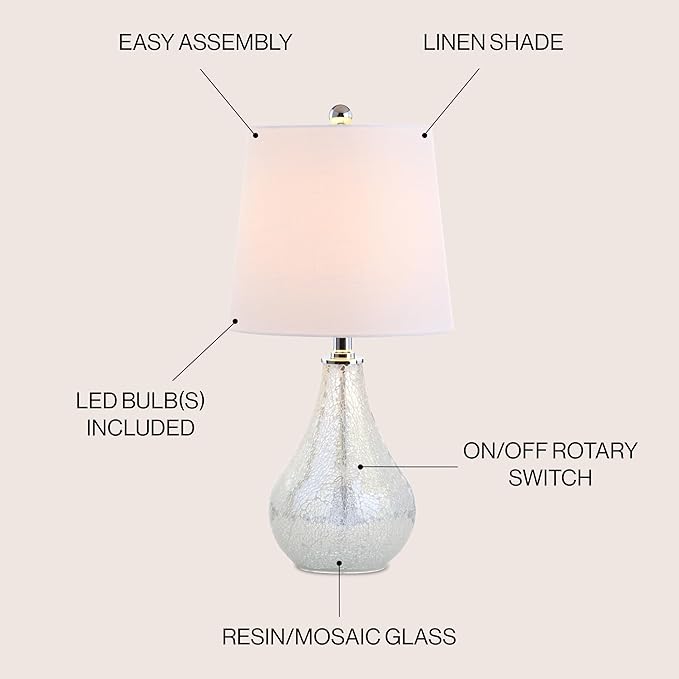 JONATHAN Y 20.5" Mosaic White Coastal Mini LED Table Lamp for Living Room Office, White Linen Drum Shade, Modern Mother of Pearl Bedside Nightstand Lamp, LED Bulb Included (JYL1024B)