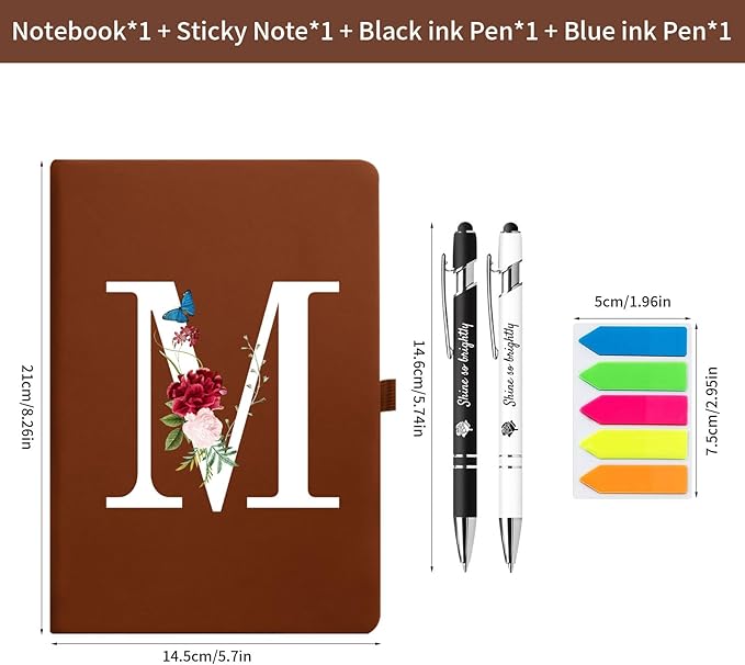 Premium Hardcover Executive Notebook and Pen Set - A5 Journal Notebook 192 Line Pages, 2 Smooth-Writing Ballpoint Pens, Arrow Sticky Notes - For Office School Supplies Letter L Floral Design DeepBlue