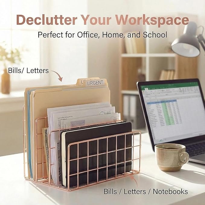 Simmer Stone Gold Letter Sorter Organizer for Desk, Premium Plated Metal Mail Holder with 3 Upright Slots, Ultra-Stable & Non-Wobbling Desktop Organizer for Envelopes, Documents, Palettes 9.5“ x 4.7 ”