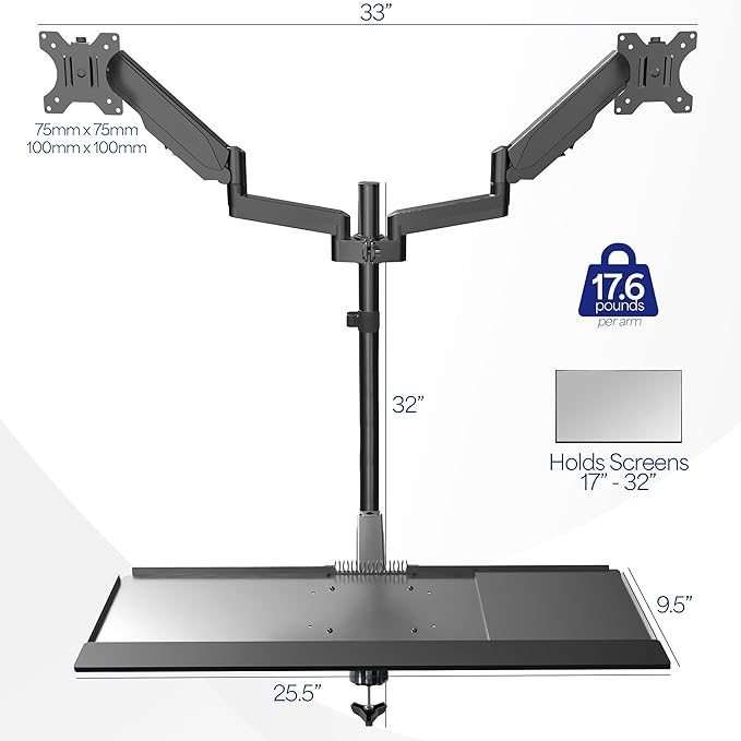 VIVO Black Dual Monitor Sit-Stand Height Adjustable Workstation, Standing Desk Mount with Pneumatic Spring, Holds 2 Screens up to 32 inches STAND-SIT2B