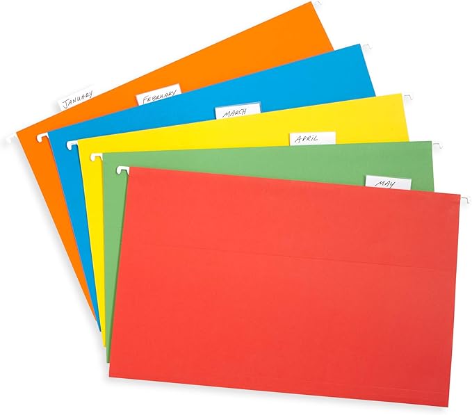 50 Legal Hanging File Folders, 50 Reinforced Hang Folders, Designed for Home and Office Color Coded File Organization, Legal Size, Assorted Colors, 50 Pack