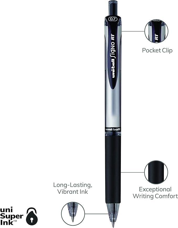 uniball Signo RT Gel Pens, Medium Point (0.7mm), Black, 12 Pack