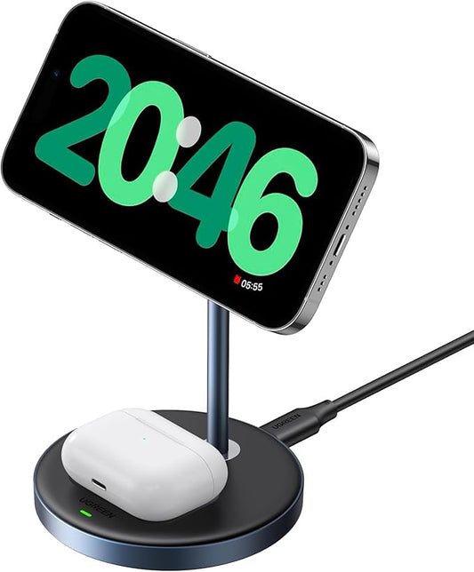UGREEN MagFlow 2-in-1 Magnetic Wireless Charging Stand Fast Wireless Charger for iPhone 17 16 15 14 13 12 Series and AirPods, MagSafe Compatible Qi Charging Stand with 3 FT USB-C Cable (No AC Adapter)