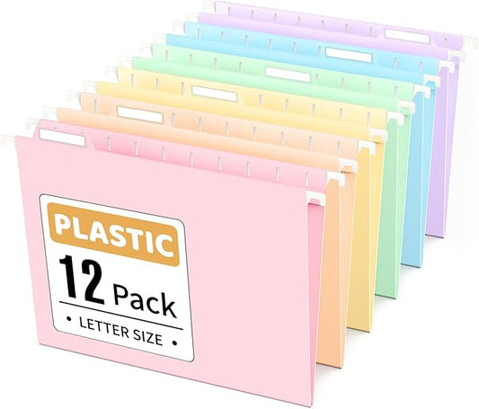 Sooez Tear-Resistant Plastic Hanging File Folders Letter Size, 12 Count File Organizer Suitable for File Cabinet Filing Cabinets, 1/6-cut Adjustable Tabs for Office, School, Pastels Colors, Pink