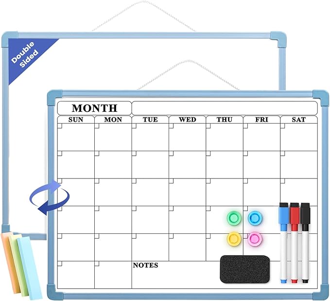 Blue Frame Whiteboard Calendar, 16" x 12" Dry Erase Board Calendar for Wall, Small Monthly Planner for Home, Office, School