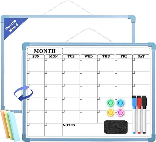 Blue Frame Whiteboard Calendar, 16" x 12" Dry Erase Board Calendar for Wall, Small Monthly Planner for Home, Office, School