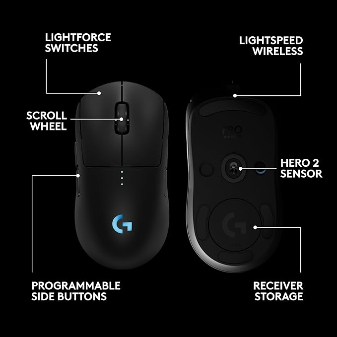 Logitech G PRO 2 Lightspeed Wireless Gaming Mouse, Right- or Left-Handed Mouse with up to 4 Customizable and Switchable Magnetic Side Buttons, 44K DPI Sensor, USB-C Charging, for PC/Mac - Black