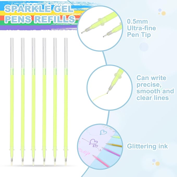 PATIKIL 0.5mm Gel Pens Refills, 24 Pack Glitter Gel Pens Sparkle Metallic Ink Fine Point Colored Refill Set for Adults Coloring Books Journaling Scrapbooking Art Drawing, Yellow