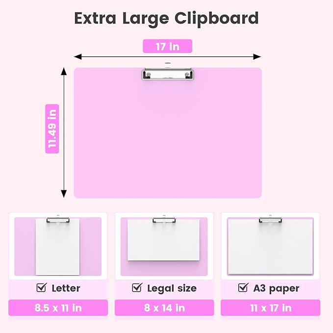 Extra Large 11x17 Clipboards, Plastic Pink Drawing Boards, Horizontal Clip Board, Landscape Layout. Suitable for Watercolor, Sketching, Painting. Art & Drafting Supply(Pack of 6)