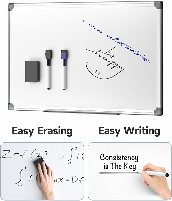 Magnetic White Board Hanging 18" x 12" for Wall, Small Dry Erase Board for Kids, Kitchen, Office, Includes 1 Eraser, 2 Markers, 4 Magnets, Pen Tray, Silver Aluminum Frame