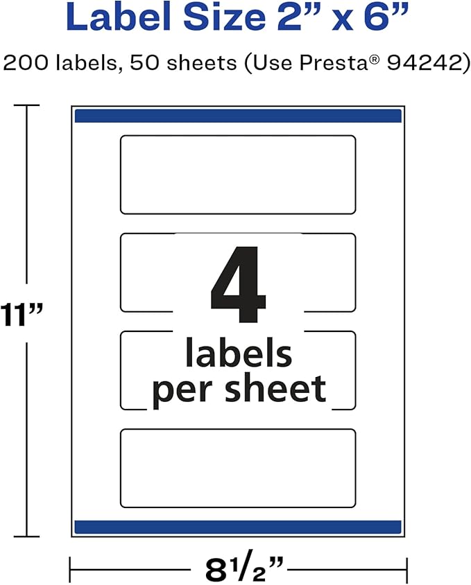 Avery Glossy White Rectangle Labels, Sure Feed Technology, 2" x 6", 200 Glossy White Labels, Print-to-The-Edge, Permanent Adhesive, Laser/Inkjet Printable