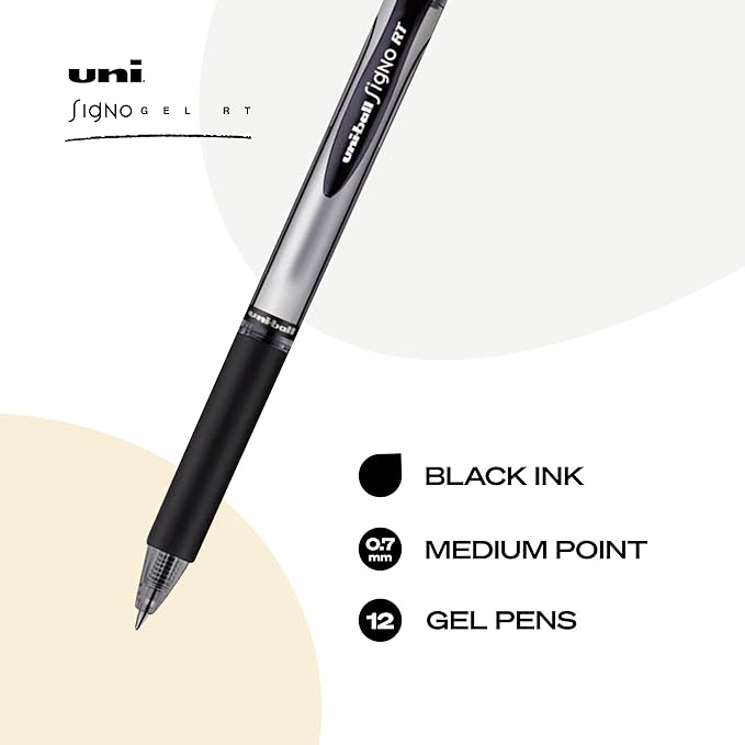 uniball Signo RT Gel Pens, Medium Point (0.7mm), Black, 12 Pack